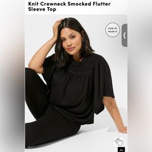 Torrid: Black Knit Crewneck Smocked Flutter Sleeve Top